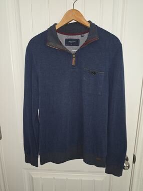 Ted Baker Valerio Mens 3/ Medium Navy Blue Quarter Zip Sweater Wool Blend Pocket